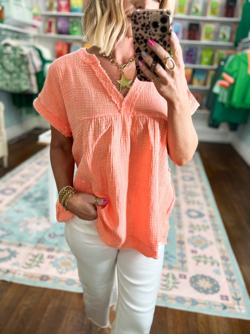 NWT Coral Gauze Pocketed Top